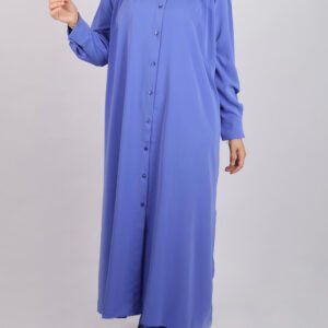 Ensemble tunique bleu froncée à col chemisier et pantalon large