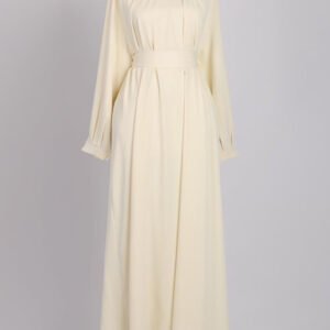 Robe longue froncée Off-White avec col rond perlé et boutons au dos